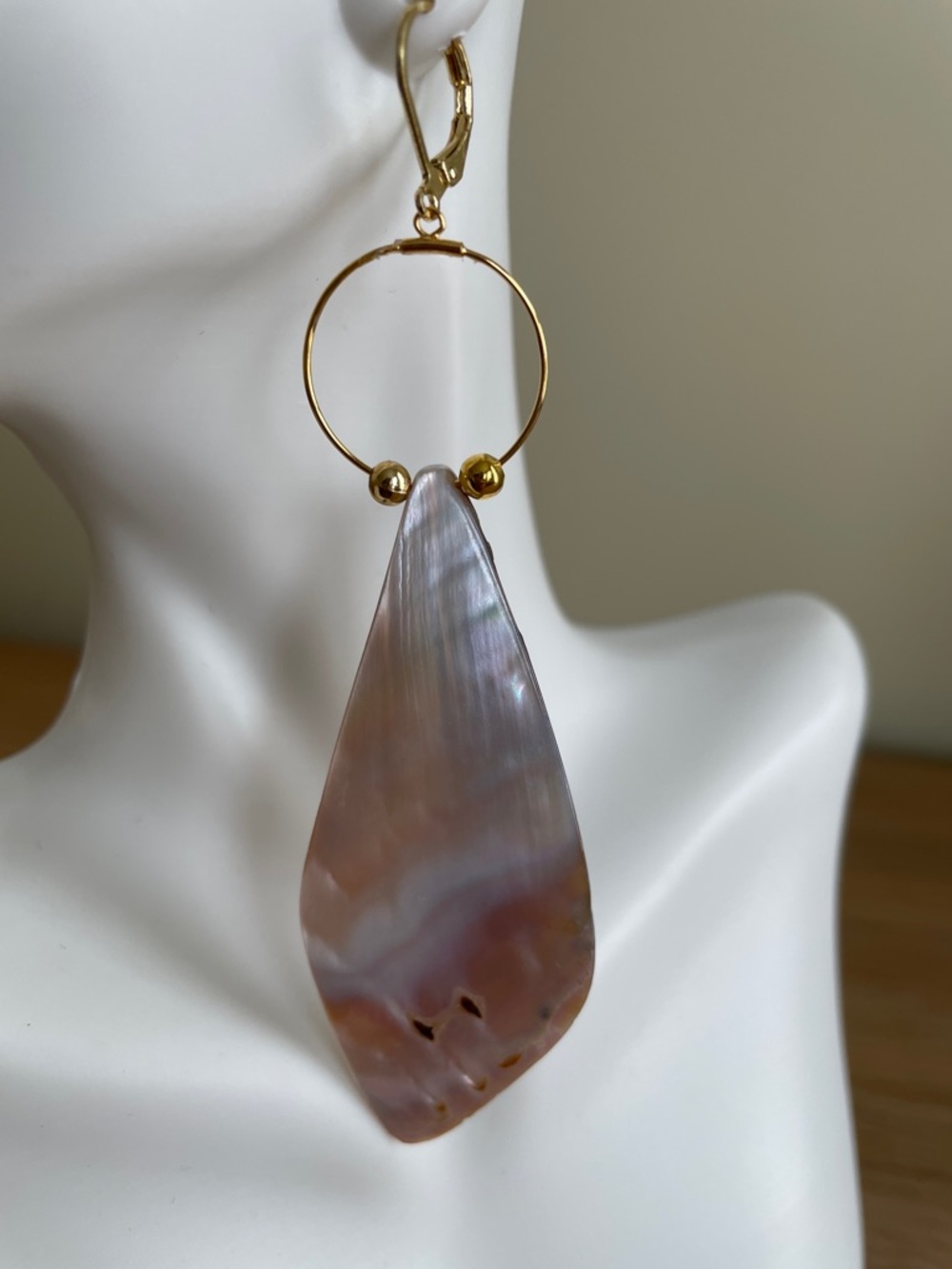 HAND CRAFTED MOTHER OF PEARL SHELL EARRINGS Iridescent Statement Gold Hoop Drops